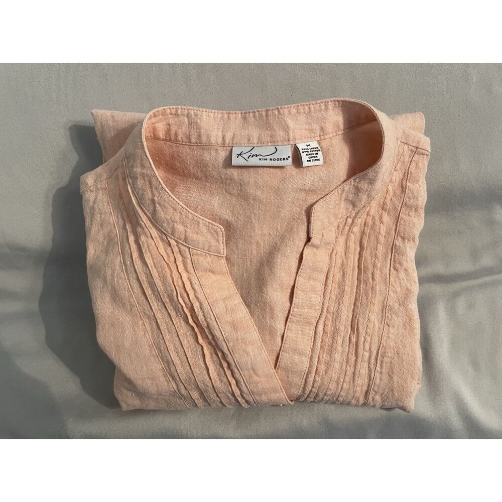 Kim Rogers Linen Blend Blouse Women Size Medium Peach V Neck 3/4 Sleeve Linen
